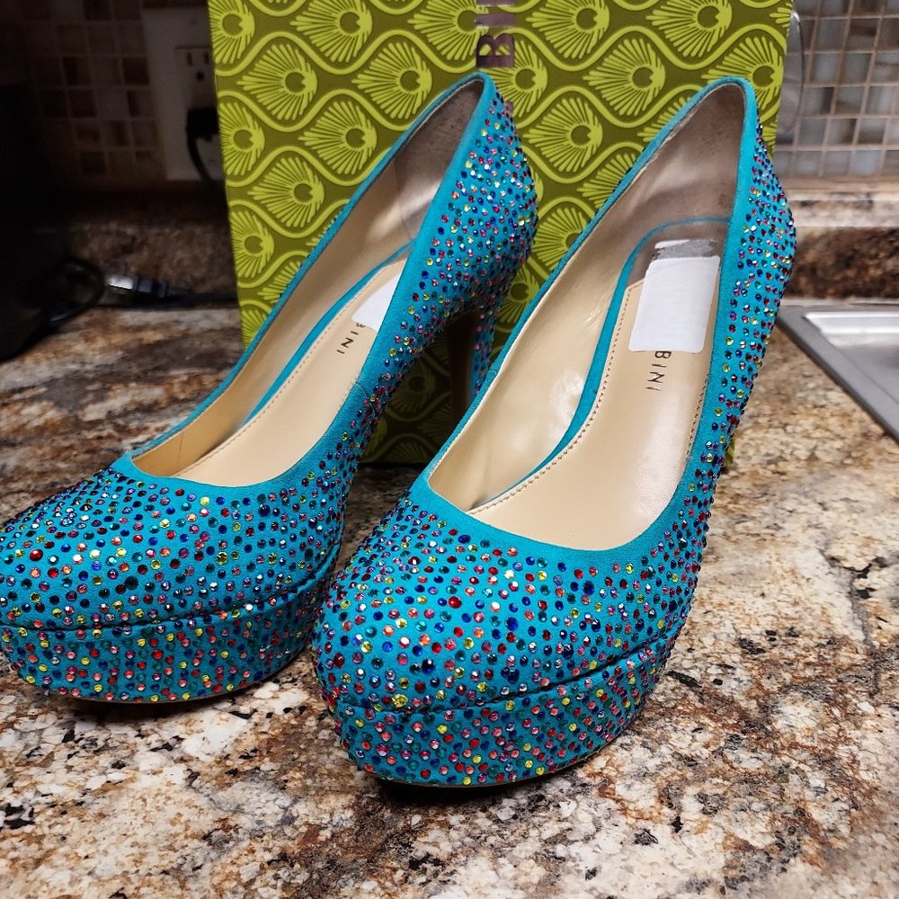 GIANNI BINI TEAL JEWELED PUMPS